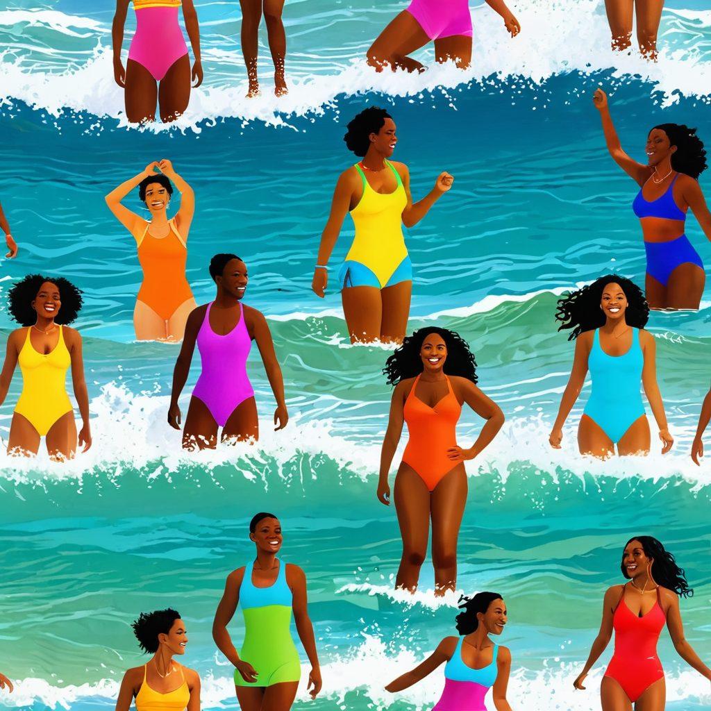 A vibrant beach scene depicting a diverse group of people in colorful bathing suits, joyfully playing in the waves and basking in the sun, showcasing a range of emotions from melancholy to joy. Include elements like splashing water, laughter, and bright sun rays breaking through fluffy clouds, symbolizing emotional transformation. The atmosphere should feel uplifting and empowering, emphasizing the connection between attire and emotional expression. super-realistic. vibrant colors. 3D.