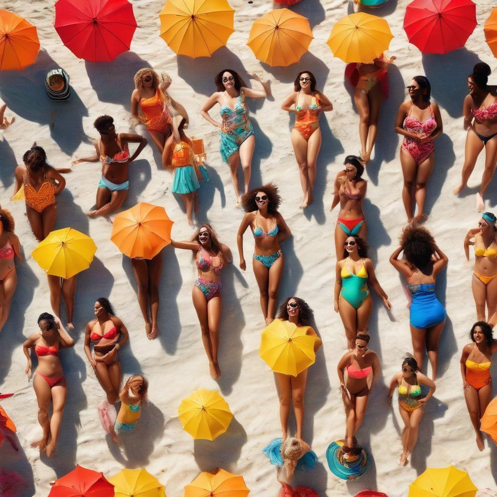 A sun-drenched beach scene showcasing diverse individuals of various shapes and sizes joyfully wearing colorful swimwear, each expressing their unique personalities through vibrant patterns and styles. In the background, bright beach umbrellas and ocean waves create a lively atmosphere, while the sun casts a warm glow. Emphasize inclusivity and confidence through dynamic poses and cheerful expressions. super-realistic. vibrant colors. soft focus.